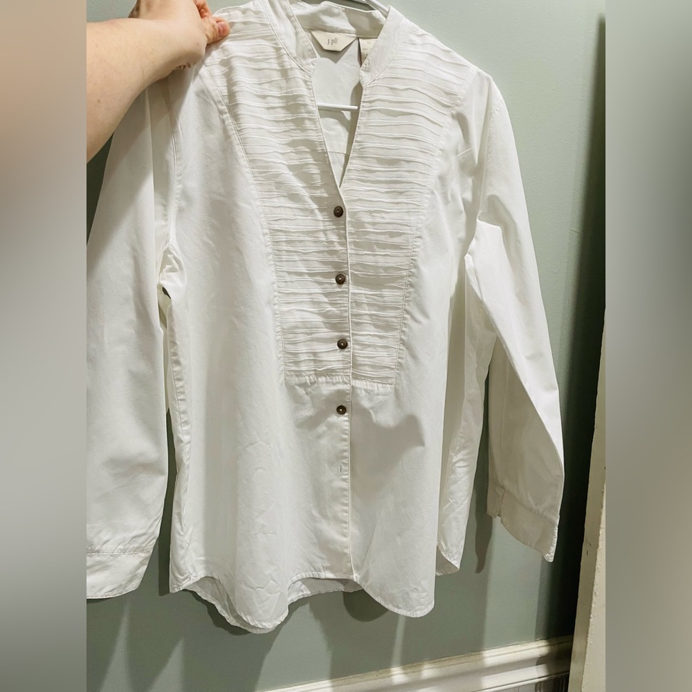 J Jill White Button-Up Shirt with Pleated Front, Size Medium
